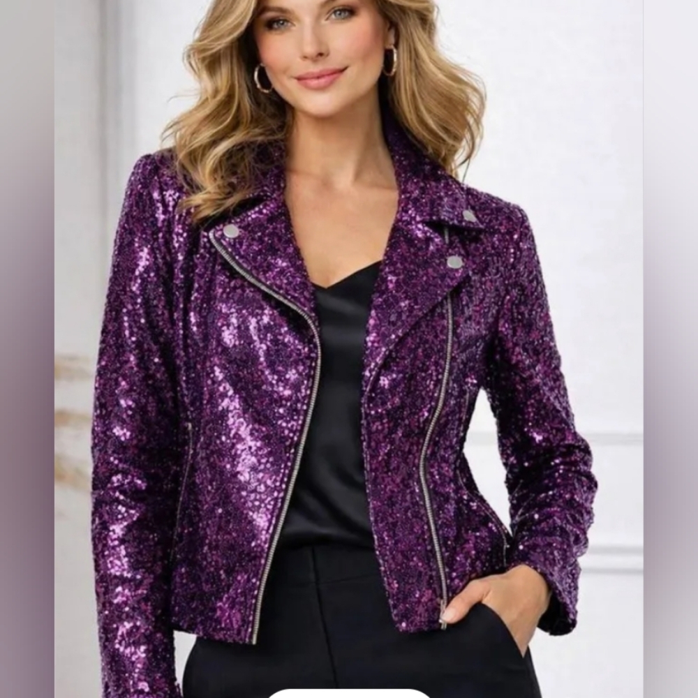 Colleen Lopez Purple Sequin Moto Jacket Women's Medium Asym Zip Party Blazer NWT